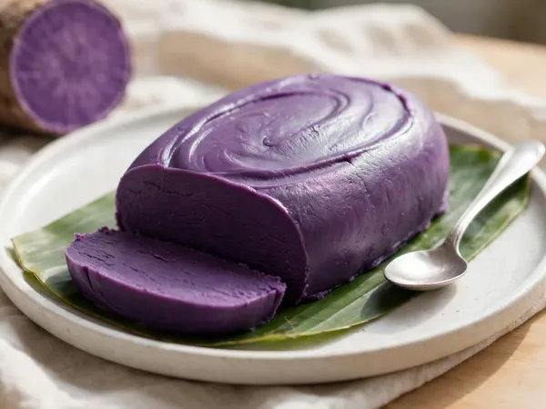 A smooth oval loaf of deep violet ube halaya with spoon-swirl marks on top, on a white stoneware plate lined with banana leaf, one slice cut from the front and laid beside it, a silver spoon on the plate and a halved purple yam tuber with brown skin behind