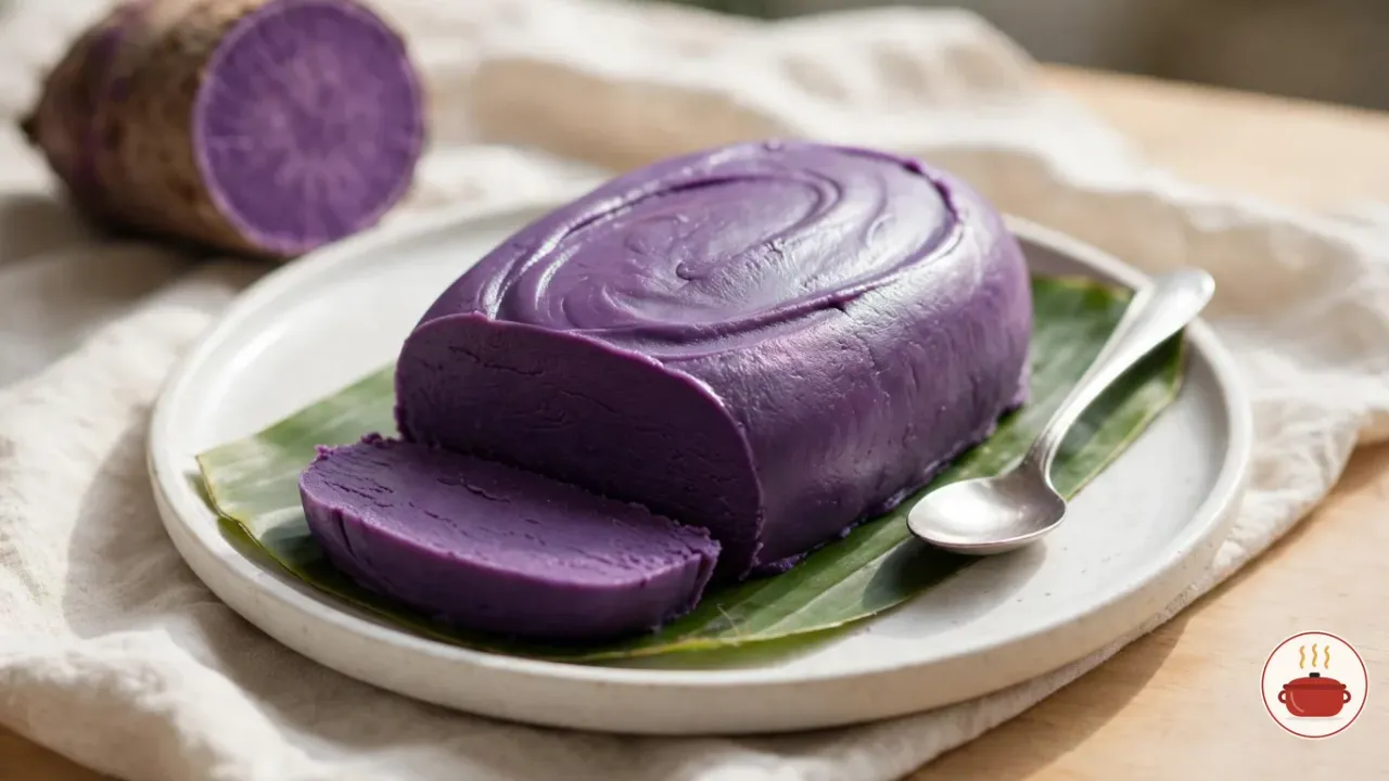 A smooth oval loaf of deep violet ube halaya with spoon-swirl marks on top, on a white stoneware plate lined with banana leaf, one slice cut from the front and laid beside it, a silver spoon on the plate and a halved purple yam tuber with brown skin behind