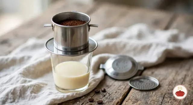 Ground coffee leveled in the open chamber of a stainless steel phin on a short glass with sweetened condensed milk at the bottom, the phin's lid and perforated press disc beside it on weathered wood