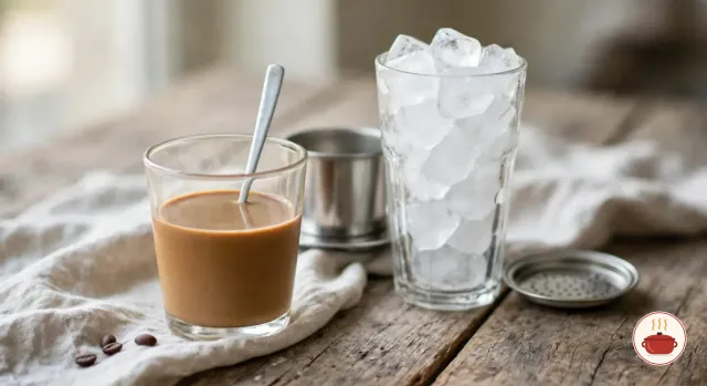 Coffee stirred with condensed milk into a smooth caramel brown in a short glass with a spoon, beside a tall glass packed with ice cubes, the phin chamber and its press disc set aside on weathered wood