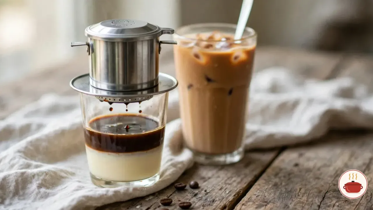 Dark coffee dripping from a stainless steel phin filter into a short glass over a layer of sweetened condensed milk, a tall glass of Vietnamese iced coffee with ice and a spoon behind it, on weathered wood with a linen cloth