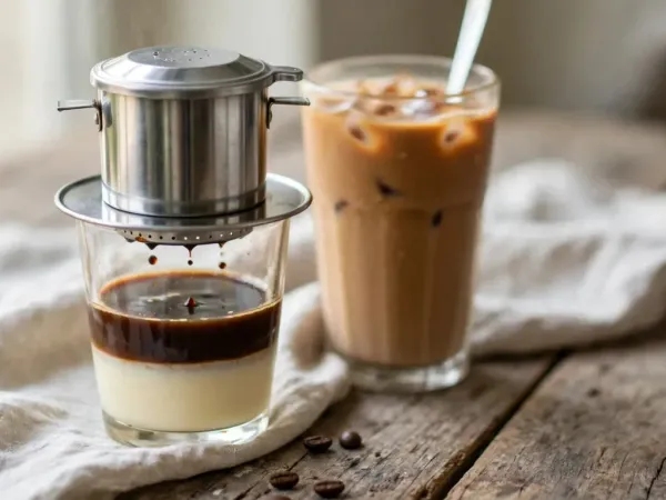 Dark coffee dripping from a stainless steel phin filter into a short glass over a layer of sweetened condensed milk, a tall glass of Vietnamese iced coffee with ice and a spoon behind it, on weathered wood with a linen cloth