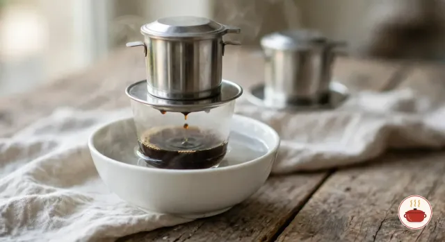 A steel phin filter dripping black coffee into a small glass cup that stands in a white bowl of steaming hot water, a second phin behind it, on a linen cloth over weathered wood