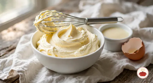 Egg yolk whipped with condensed milk into a thick, pale yellow cream in a white bowl, a whisk coated in cream resting on the rim, a ramekin of condensed milk and an empty eggshell beside it