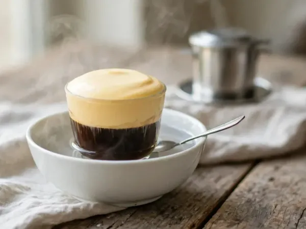 A small glass of Vietnamese egg coffee standing in a white bowl of hot water, a thick dome of pale golden whipped egg cream over black coffee, a teaspoon in the bowl and a steel phin filter behind it, on weathered wood with a linen cloth