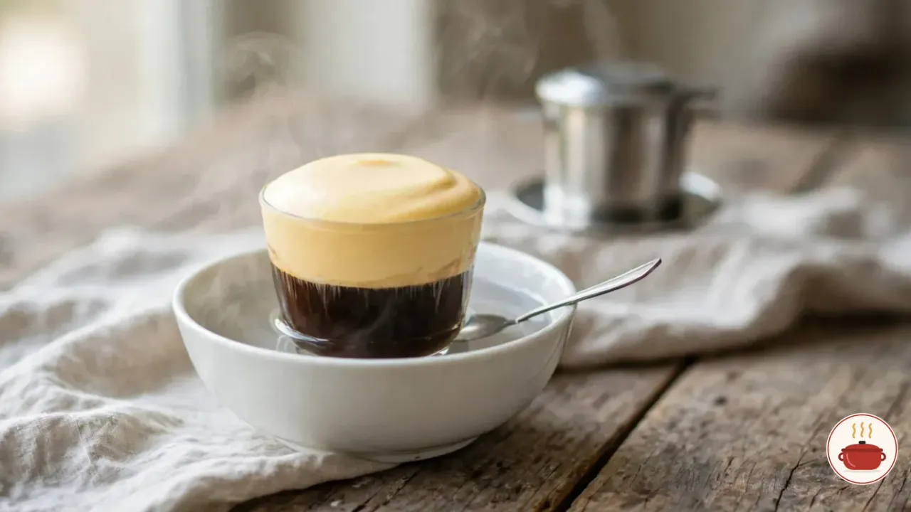 A small glass of Vietnamese egg coffee standing in a white bowl of hot water, a thick dome of pale golden whipped egg cream over black coffee, a teaspoon in the bowl and a steel phin filter behind it, on weathered wood with a linen cloth