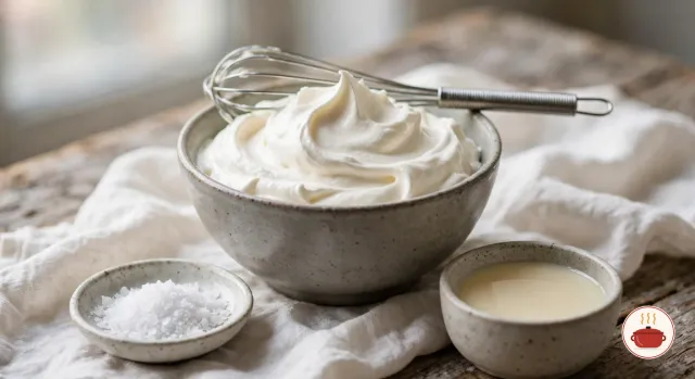 Softly whipped ivory salted cream in a speckled stoneware bowl with a small whisk across the rim, a dish of sea salt and a ramekin of condensed milk beside it on a linen cloth