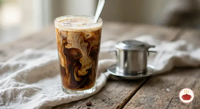 A tall glass of iced salt coffee after the first stir, the salted cream swirling down into the dark coffee in pale ribbons around the ice, a long spoon in the glass and a steel phin beside it on weathered wood
