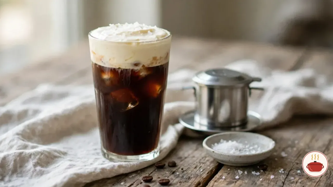 A tall glass of Vietnamese salt coffee, iced coffee under a thick layer of pale salted cream sprinkled with sea salt flakes, a steel phin filter and a small dish of flaky salt beside it, on weathered wood with a linen cloth