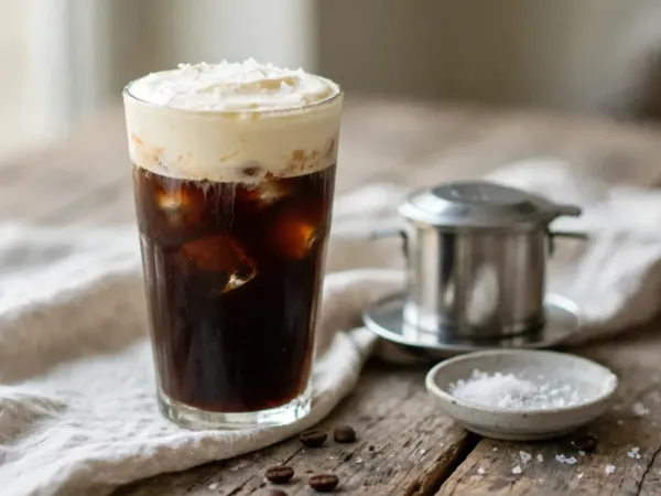 A tall glass of Vietnamese salt coffee, iced coffee under a thick layer of pale salted cream sprinkled with sea salt flakes, a steel phin filter and a small dish of flaky salt beside it, on weathered wood with a linen cloth