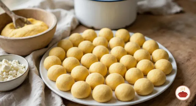 About forty raw balls of yellow cornmeal and cheese dough on a white plate, a wooden bowl with the rest of the dough and a wooden spoon, a small bowl of crumbled white cheese and a white enamel stockpot behind