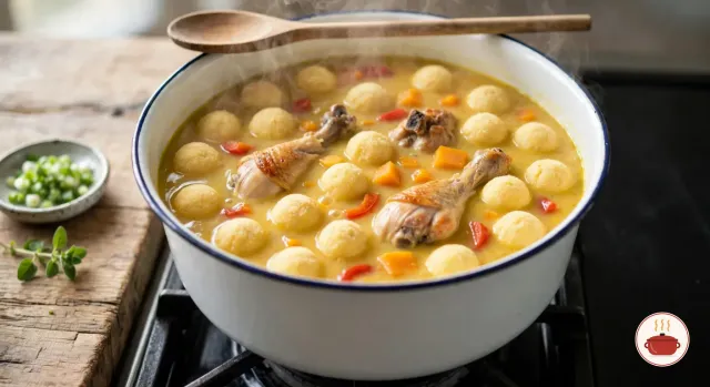 Cornmeal and cheese balls floating in thick golden chicken soup in a white enamel stockpot with a dark-blue rim on a gas stove, with browned drumsticks, squash and red pepper, a wooden spoon across the rim