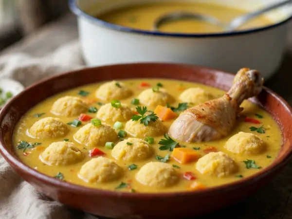 Paraguayan vori vori in a wide rust-red stoneware bowl: thick golden chicken soup with round cornmeal and cheese balls, a browned chicken drumstick, cubes of squash, red pepper, scallions and parsley, a white enamel stockpot behind