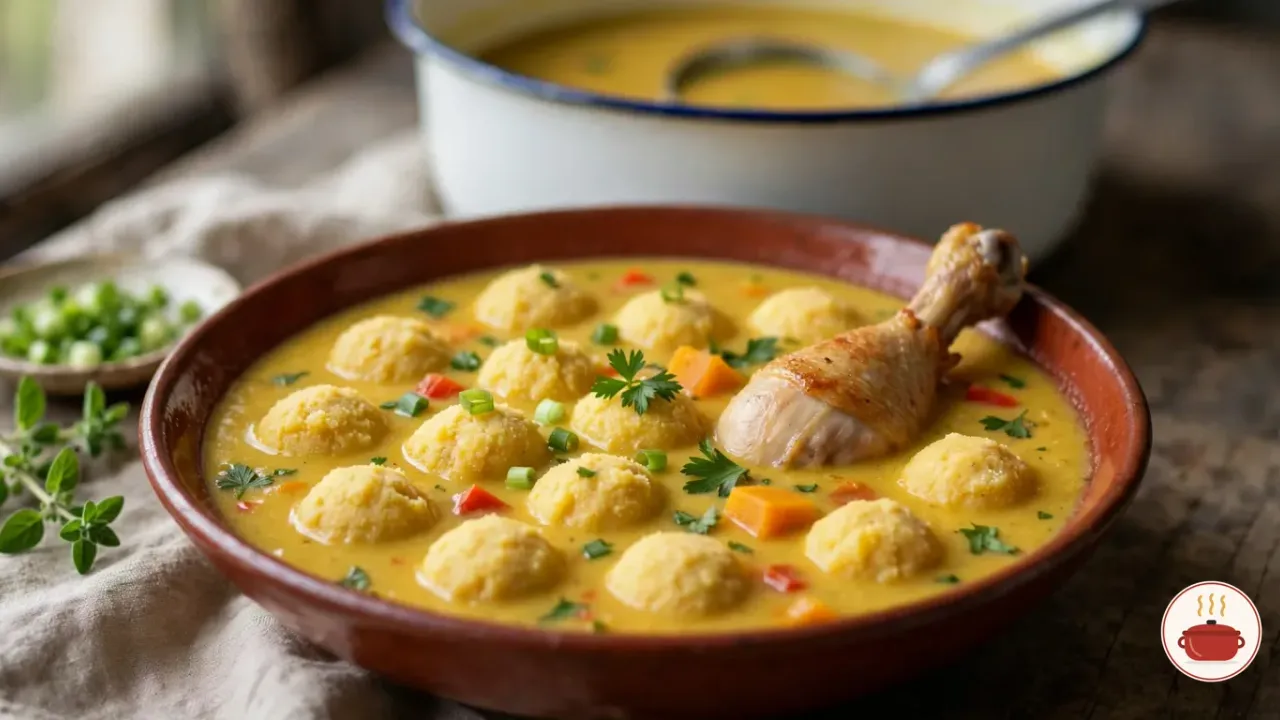 Paraguayan vori vori in a wide rust-red stoneware bowl: thick golden chicken soup with round cornmeal and cheese balls, a browned chicken drumstick, cubes of squash, red pepper, scallions and parsley, a white enamel stockpot behind