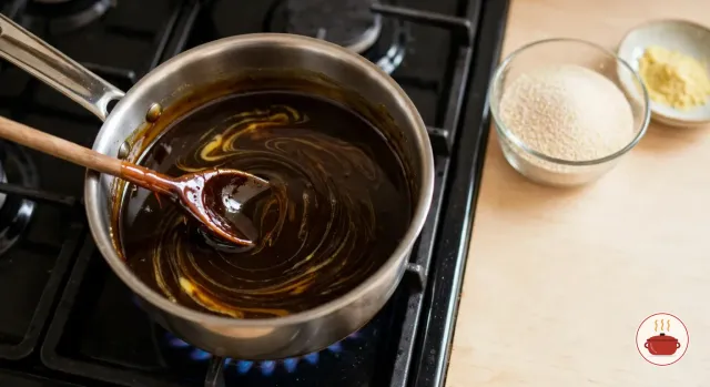Melted butter, black treacle, golden syrup and brown sugar stirred into a glossy, very dark brown liquid in a small steel saucepan on a gas hob, a wooden spoon resting in it, with a glass bowl of oatmeal and a dish of ground ginger on the counter