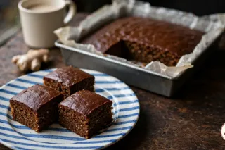 Three squares of dark Yorkshire parkin with a sticky top and an oat-flecked crumb on a blue and white striped plate on a dark oak table, the rest of the slab in a parchment-lined tin behind, with a mug of tea and a piece of fresh ginger