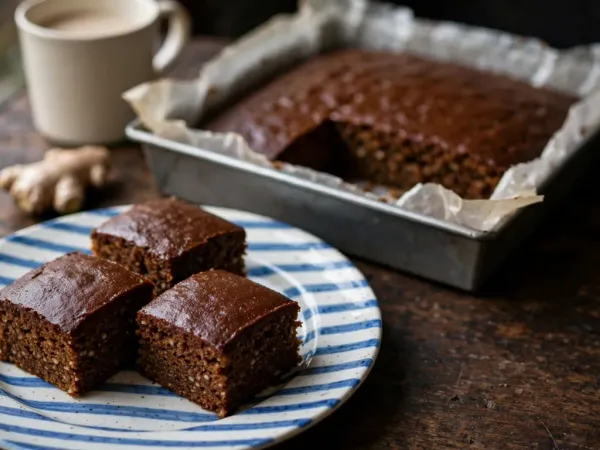 Three squares of dark Yorkshire parkin with a sticky top and an oat-flecked crumb on a blue and white striped plate on a dark oak table, the rest of the slab in a parchment-lined tin behind, with a mug of tea and a piece of fresh ginger