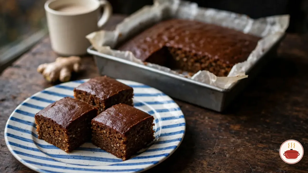 Three squares of dark Yorkshire parkin with a sticky top and an oat-flecked crumb on a blue and white striped plate on a dark oak table, the rest of the slab in a parchment-lined tin behind, with a mug of tea and a piece of fresh ginger